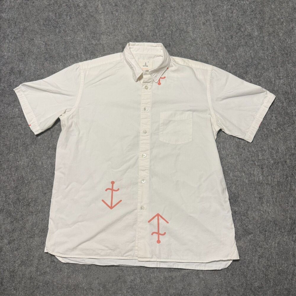 La Paz Alegre Shirt Size L White Coral Anchor Design Embroidered Portugal Made